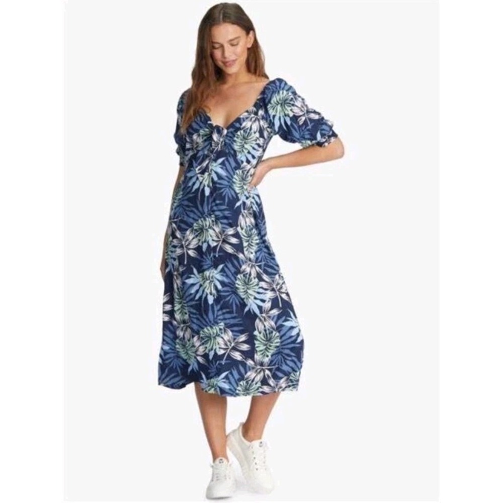 Roxy Evening Delight Blue Leaf Print Tropical Beach Vacation Midi Dress Size S
